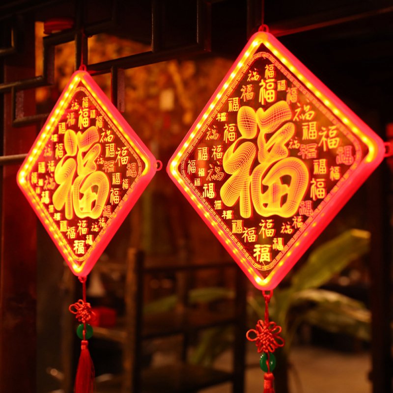 Chinese New Year Hanging LED Lights Battery Version Hanging Ornament Lunar Year Red Pendants With Red Lantern Knot For Decoration Chunfu