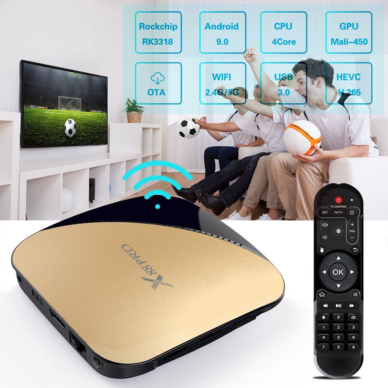 X88 PRO Android 9.0 TV Box Rockchip RK3318 4 Core 2.4G&5G Wifi 4K HDR Set Top Box USB 3.0 Support 3D Movie Gold EU plug