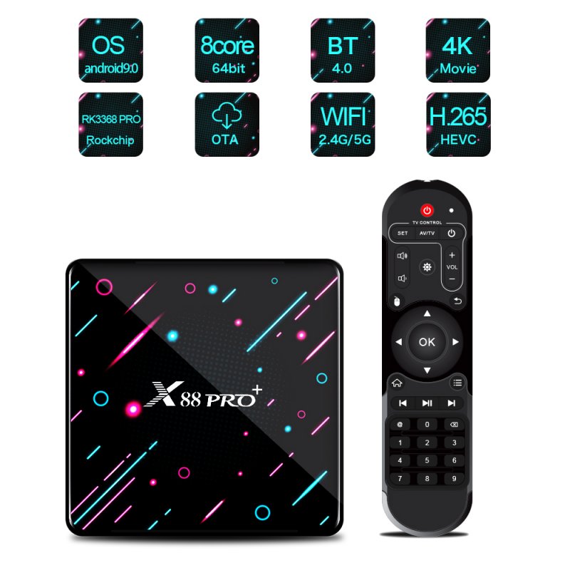 X88 PRO TV Box for Android 9.0 System RK3368 Octa-Core Chipset 4GB DDR3 SDRAM+128GB/64GB/32GB Flash 4K HD Set Top Box US Plug