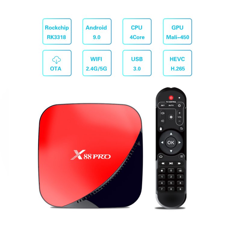 X88 Pro Android 9.0 TV Box Rockchip RK3318 4 Core 2.4G&5G Wifi 4K HDR Set Top Box USB 3.0 Support 3D Movie Black Red US plug
