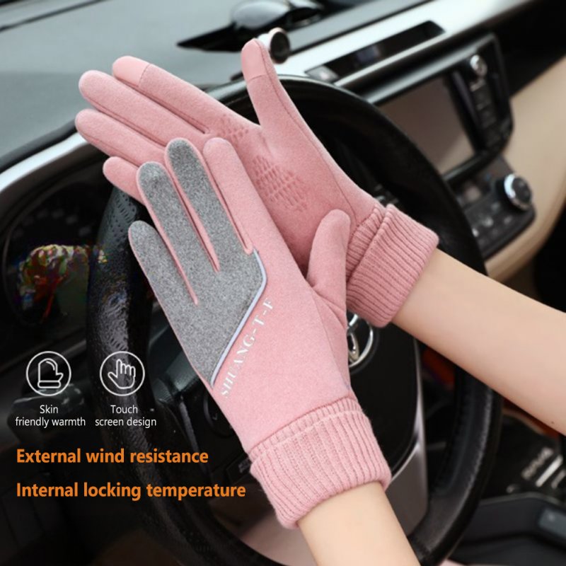 Women Warm Gloves Touch Screen Thickening Fleece Lined Cold-proof Non-slip Gloves for Driving Riding Gray