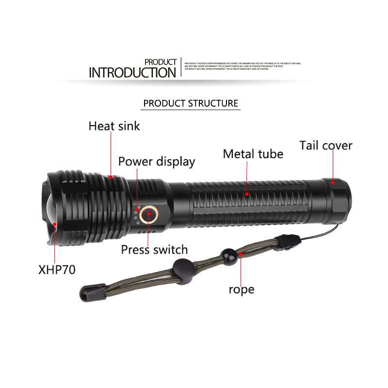 XHP70 LED Flashlight USB Rechargeable Zoomable Torch Lamp for Outdoor Camping 1915A: Long P70+USB cable