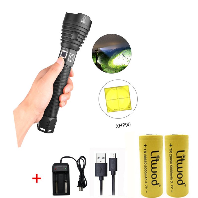 XHP90 LED 3 Modes Dimming Flashlight High Brightness USB Charging Torch with 2 Batteries Charger black_2 batteries + charger