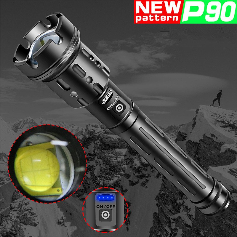 XHP90 Powerful Led Flashlight Usb Rechargeable Zoom Torch with Power Display Single flashlight + USB cable