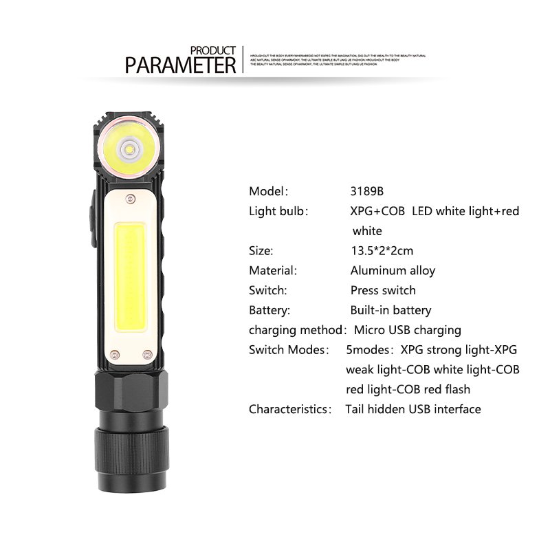 XPG+COB Red White Light 90 Degree Adjustable USB Charging Working Flashlight 3189B small section