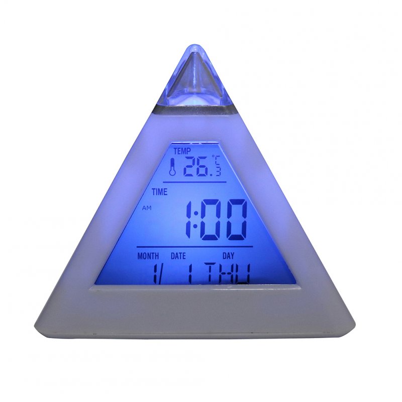 Pyramid Shape Digital Led Alarm Clock Time Date Temperature Display 7 Colors Changing Desk Clock 