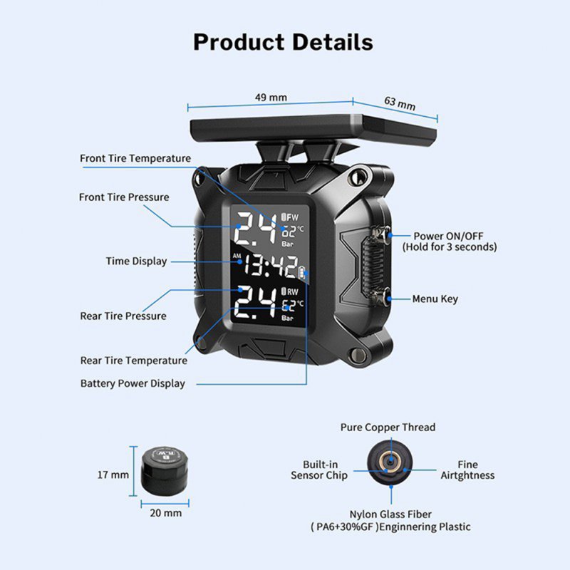 M7 Solar Motorcycle Tire Pressure Monitor Tyre Sensor Tire Temperature Detection System High-precision Tpms 