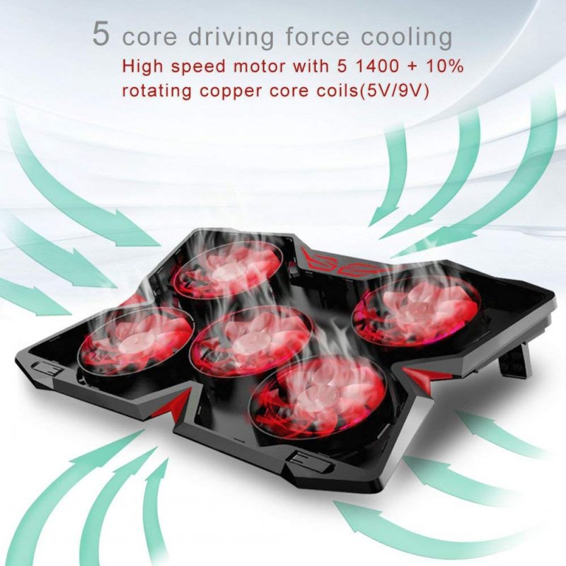 5 Fans Gaming Laptop Cooling Pad for 12"-17" Laptops with LED Lights Dual USB Ports Adjustable Height at 1400 RPM 