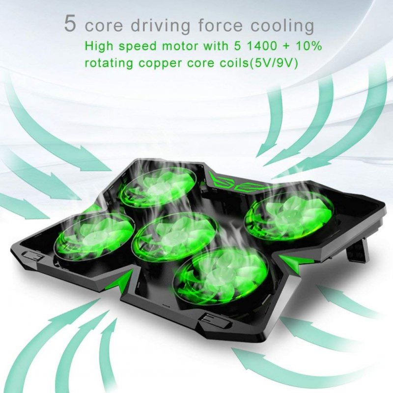 5 Fans Gaming Laptop Cooling Pad for 12"-17" Laptops with LED Lights Dual USB Ports Adjustable Height at 1400 RPM 
