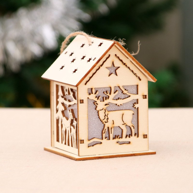 Xmas Luminous Wooden House Hotel Christmas Tree Window Decoration Pendant Ornaments DIY Gift S-4#