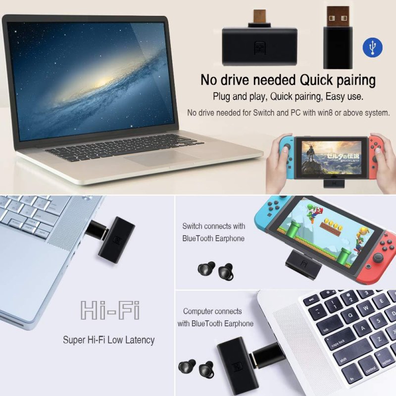 For Switch/PS4 Bluetooth Earphone Adapter PC Bluetooth Receiver 