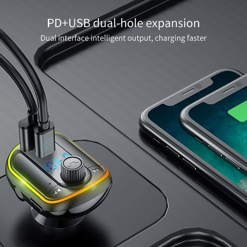 T829 Wireless FM Transmitter For Car Dual USB Port Type-C PD18W Fast Charger Colorful LED Backlit MP3 Music Player 