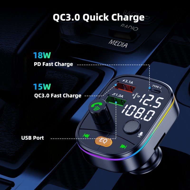Q10 Wireless FM Transmitter For Car EQ Function 7 Colors RGB LED Backlit Handsfree Calling TF/U Disk Fast Charger 