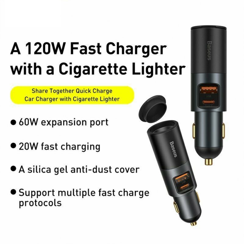 120w Car 2  In  1  Cigarette  Lighter Gold-plated Contacts 3 Fast Charging Ports Car Charger For Cars Off-road Vehicles Large Trucks 