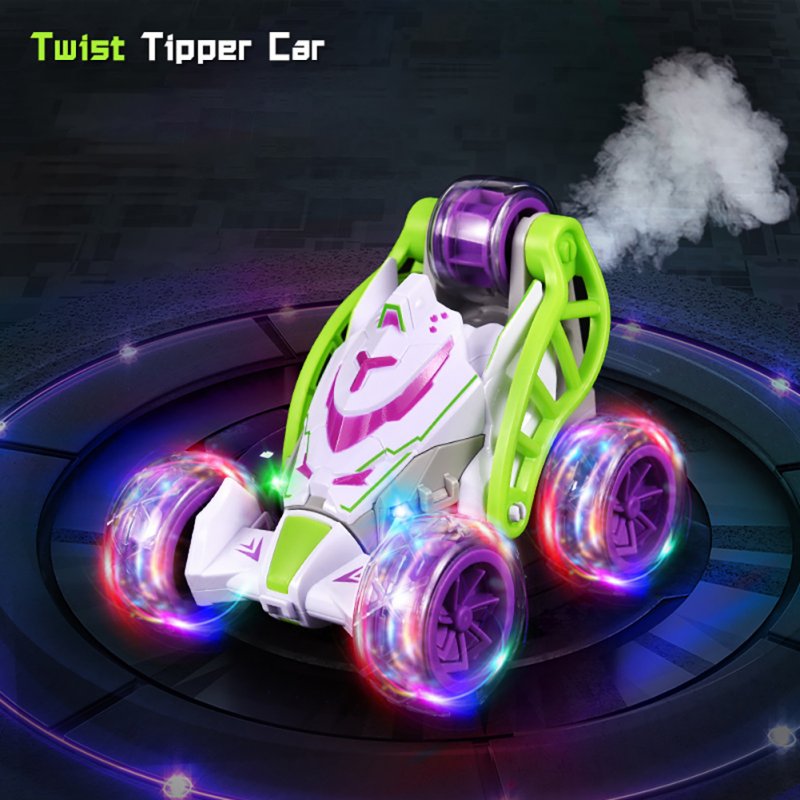 2.4G RC Stunt Car Dumper with Light Spray 360 Degree Tumble Electric Off-Road Vehicle Toys Green 3 Batteries