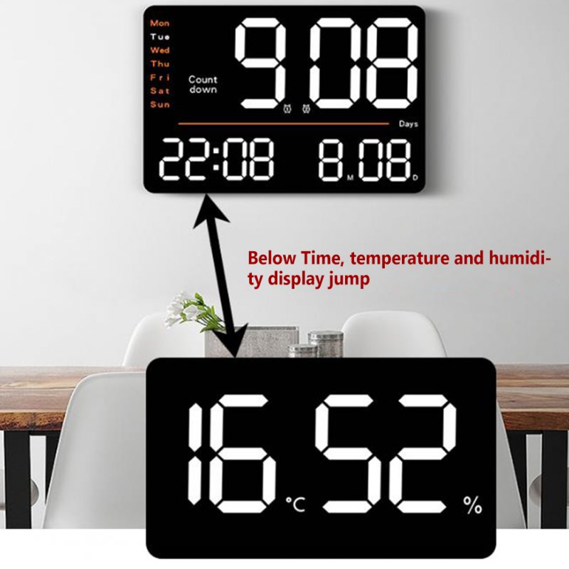 LED Digital Wall Clock 12/24h Adjustable Brightness Temperature Humidity Display Table Alarm Clock 
