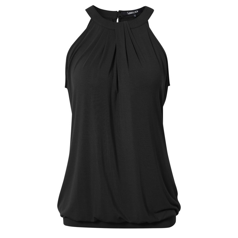 Yesfashion Women's Casual Halter Neck Sleeveless Solid Front Pleated Backless Sexy Top