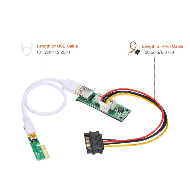Mini USB Cable and SATA Cable PCI-E X1 Extension Cable PCIE 1X Expansion Riser Card 90°Right Angle