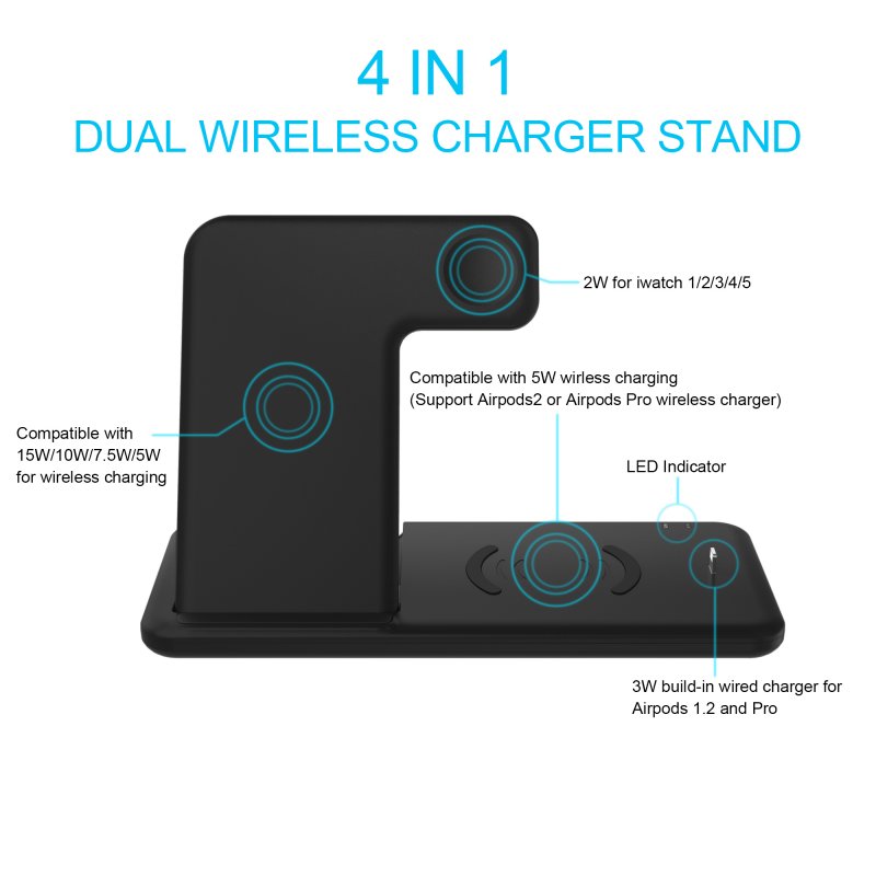 4-In-1 QI Fast Wireless Charger Dock For iPhone Apple Watch iWatch for Airpods Charger Holder Stand 