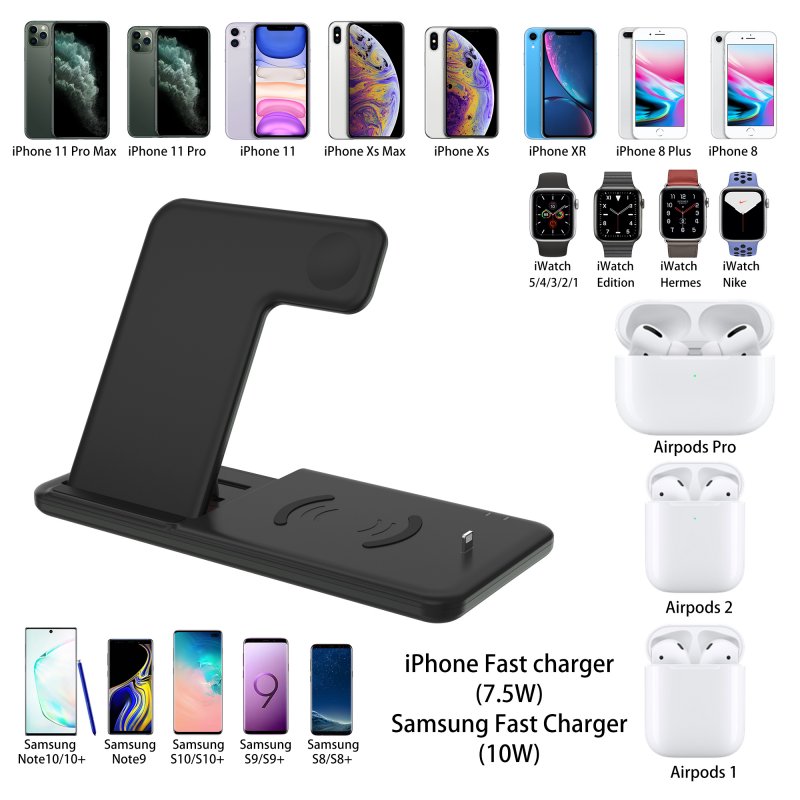 4-In-1 QI Fast Wireless Charger Dock For iPhone Apple Watch iWatch for Airpods Charger Holder Stand 