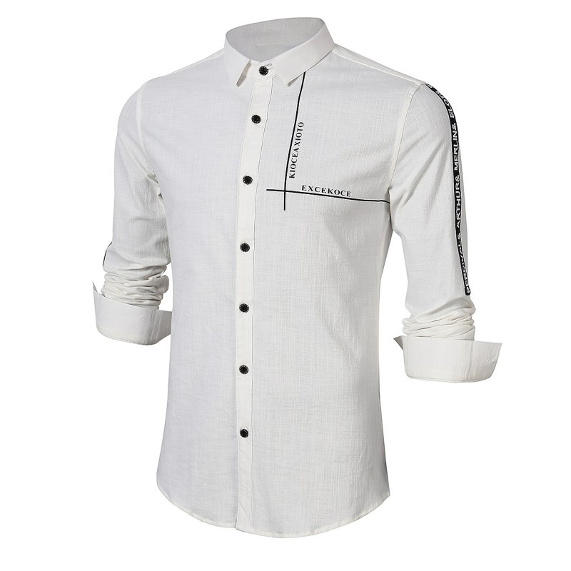 Men's Causal Print Long Sleeve Shirt White