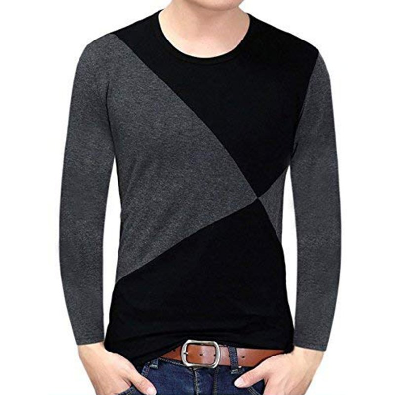 Yong Horse Men's Contrast Color Crew Neck Long Sleeve Basic T-Shirt Top Black-grey_M