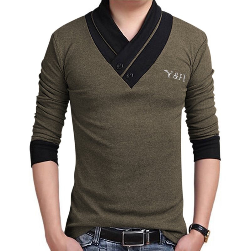 Mens Slim Fit Cotton V-Neck Long Sleeve Casual T-Shirts Tops Button-down  Shirts