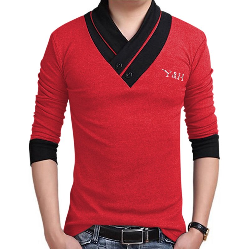 [US Direct] Yong Horse Men's Slim Fit Button V-Neck Casual Long Sleeve T Shirts Fall Tops Red + black_XXL