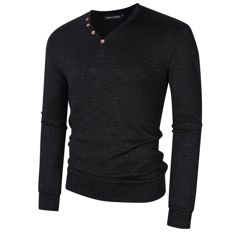[US Direct] Yong Horse Men's Textured Slim Fit Long Sleeve V Neck Casual Henley Shirt with 4-Button Decor Black_XL