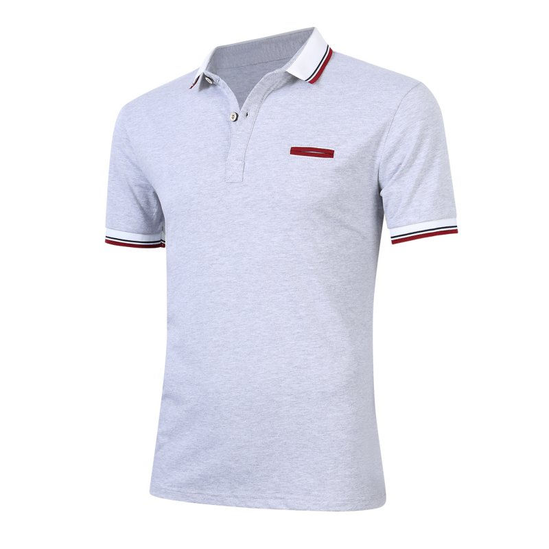 [US Direct] Young Horse Men Cotton Contrast Lapel Short Sleeve Slimming Polo Shirt Grey_5XL