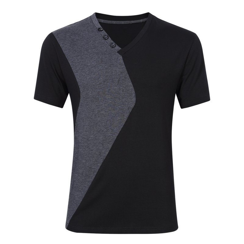 US Young Horse Men Fashion Cotton Color Block Short Sleeve Slim T-shirt Black XL Black_XL