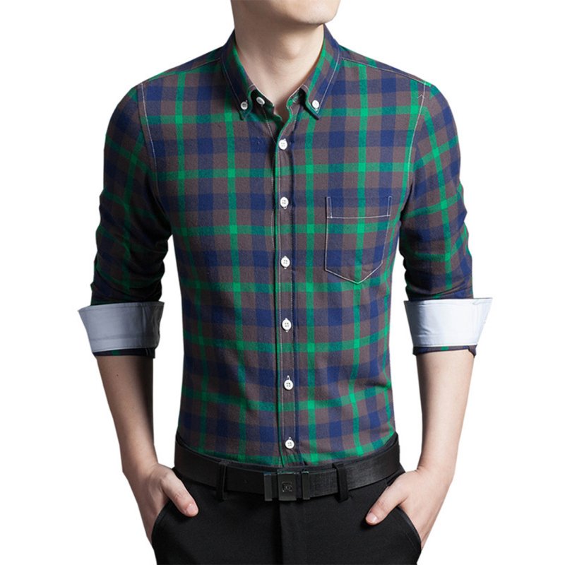 US Young Horse Men's Spring Contrast Plaid Long Sleeve Button-down Shirt