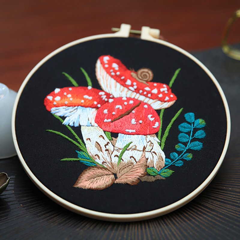 Embroidery Starter Kit With Embroidery Hoops Scissors Needle Threader Colorful Mushrooms Pattern Cross Stitch Starter Kits 