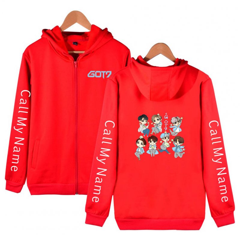 Zippered Casual Hoodie with Cartoon GOT7 Pattern Printed Leisure Top Cardigan for Man and Woman Red C_L