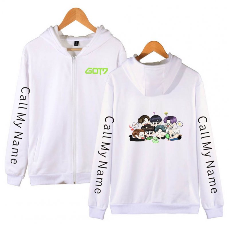 Zippered Casual Hoodie with Cartoon GOT7 Pattern Printed Leisure Top Cardigan for Man and Woman White D_M