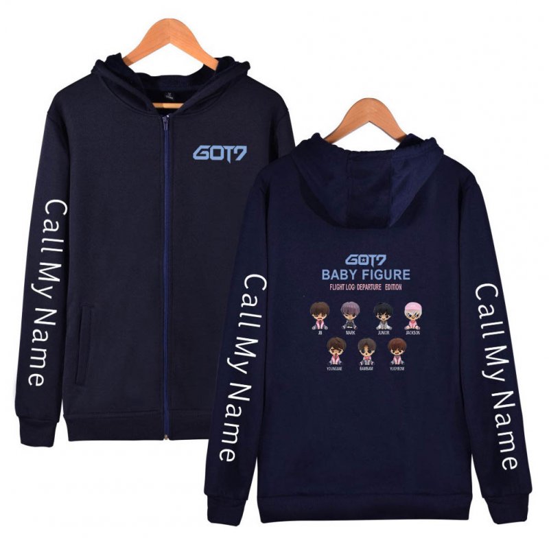 Zippered Casual Hoodie with Cartoon GOT7 Pattern Printed Leisure Top Cardigan for Man and Woman Navy B_L