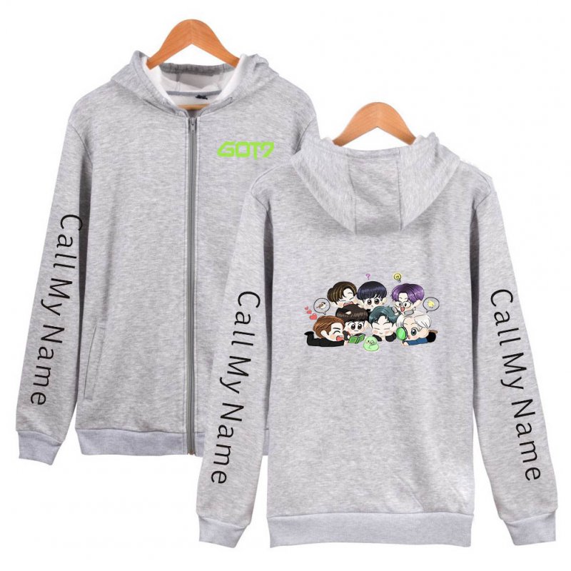 Zippered Casual Hoodie with Cartoon GOT7 Pattern Printed Leisure Top Cardigan for Man and Woman Gray D_XXXL