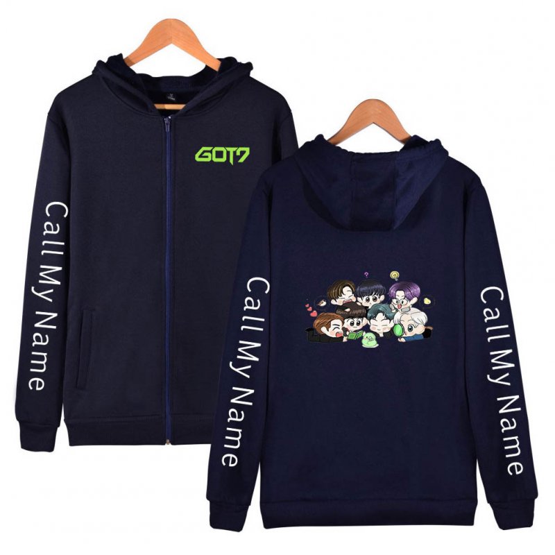 Zippered Casual Hoodie with Cartoon GOT7 Pattern Printed Leisure Top Cardigan for Man and Woman Navy blue D_M
