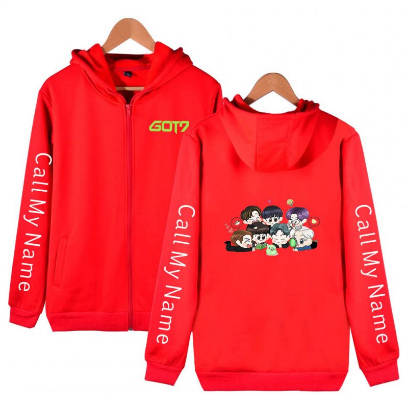 Zippered Casual Hoodie with Cartoon GOT7 Pattern Printed Leisure Top Cardigan for Man and Woman Red D_M