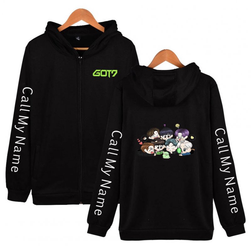 Zippered Casual Hoodie with Cartoon GOT7 Pattern Printed Leisure Top Cardigan for Man and Woman Black D_XL