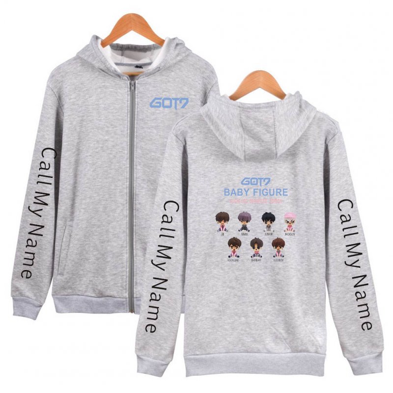 Zippered Casual Hoodie with Cartoon GOT7 Pattern Printed Leisure Top Cardigan for Man and Woman Gray B_M