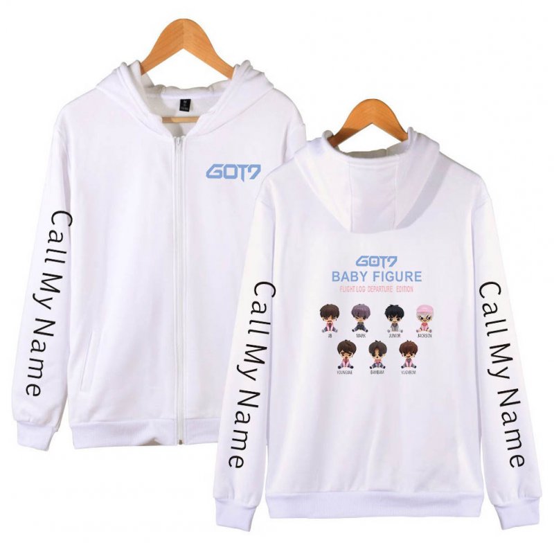 Zippered Casual Hoodie with Cartoon GOT7 Pattern Printed Leisure Top Cardigan for Man and Woman White B_XL