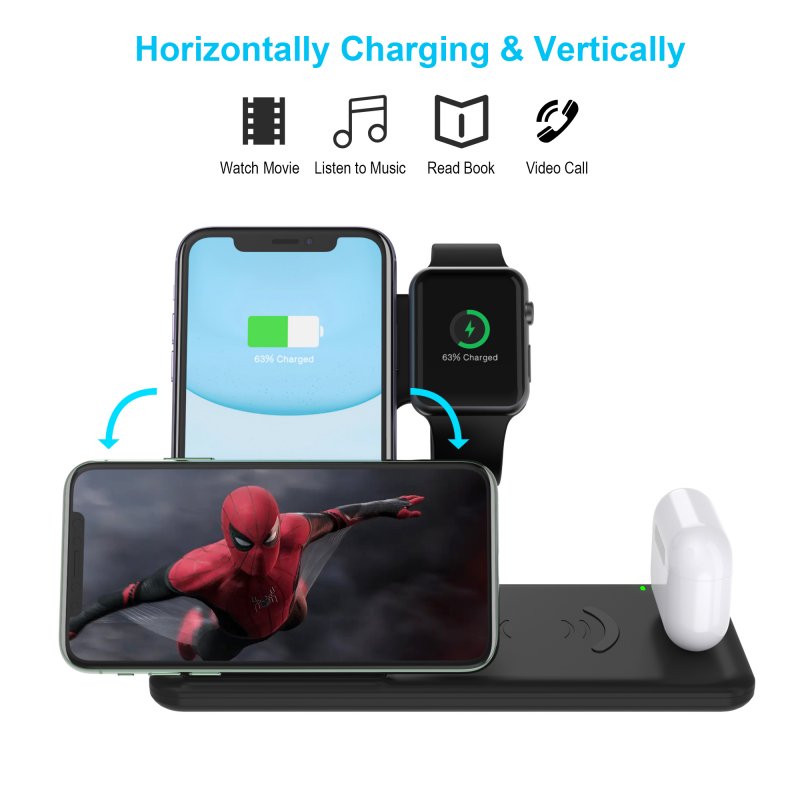 4-In-1 QI Fast Wireless Charger Dock For iPhone Apple Watch iWatch for Airpods Charger Holder Stand 