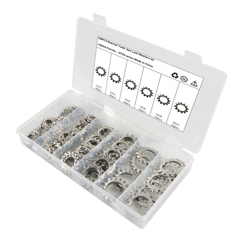 150pcs 6 Sizes 304 Stainless Steel External Tooth Star Lock Washers Assortment Kit M12 M14 M16 M18 M20 M22 