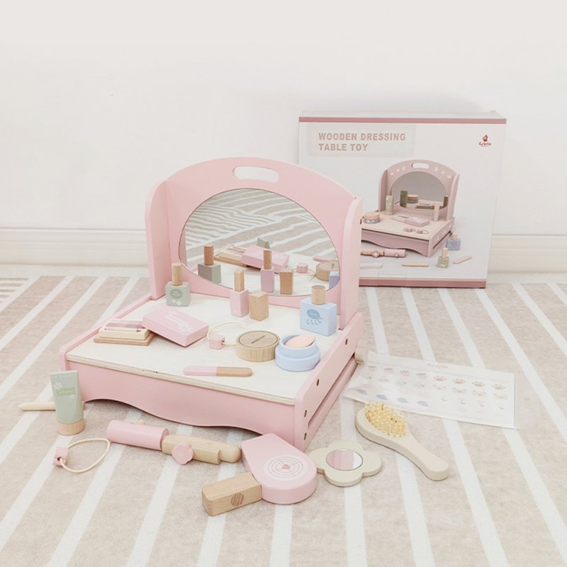 Wooden Vanity Table Toy Pretend Play Makeup Kit Tabletop Dresser Makeup Station 