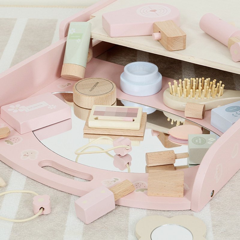 Wooden Vanity Table Toy Pretend Play Makeup Kit Tabletop Dresser Makeup Station 