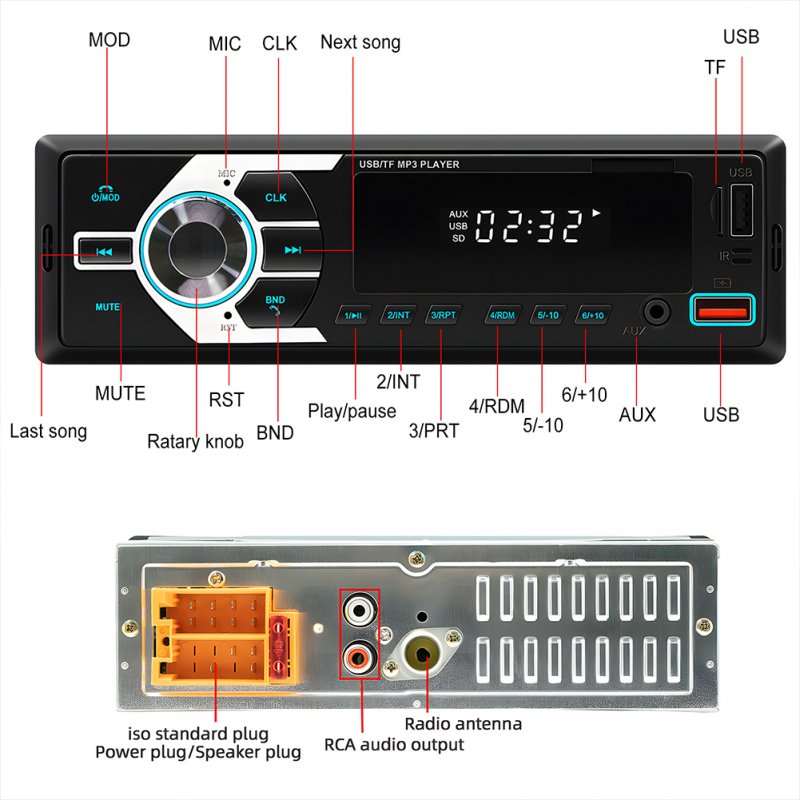 12V Auto Radio Car Stereo MP3 Player Supports Hands Free Calling FM Radio AUX Input TF/EQ/Dual USB Charging 