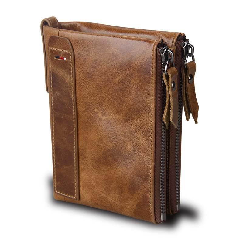 Genuine Cowhide Leather Men Wallets Double Zipper Short Purse Coin Pockets Anti RFID Card Holders 