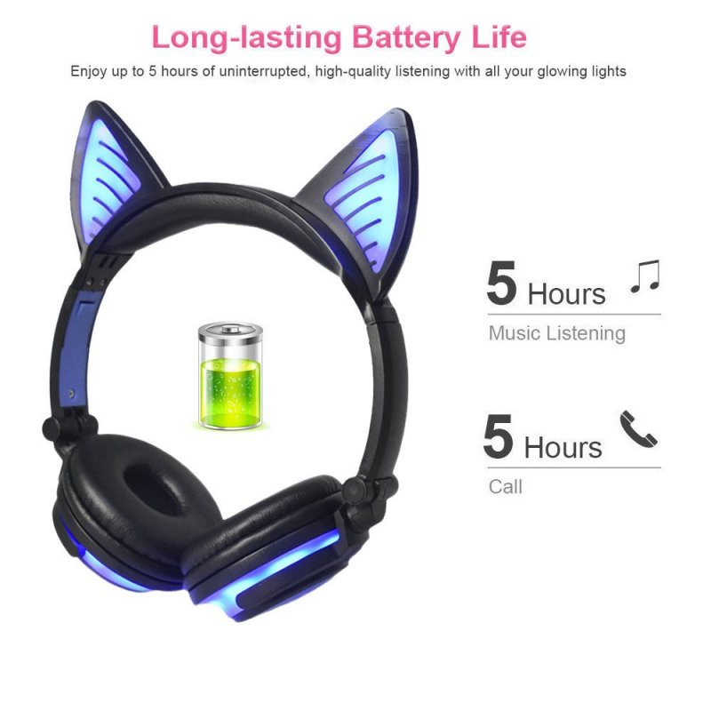 Cute Cat Ear Rechargeable Gaming Headset with LED Lights Colorful Over Ear Foldable Headphones with Mic for Cell Phone  