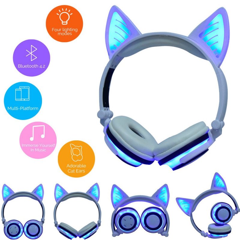 Cute Cat Ear Rechargeable Gaming Headset with LED Lights Colorful Over Ear Foldable Headphones with Mic for Cell Phone  